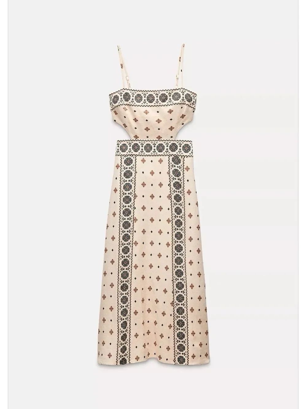 Zara Beige Midi Slip Dress with Black Floral Border